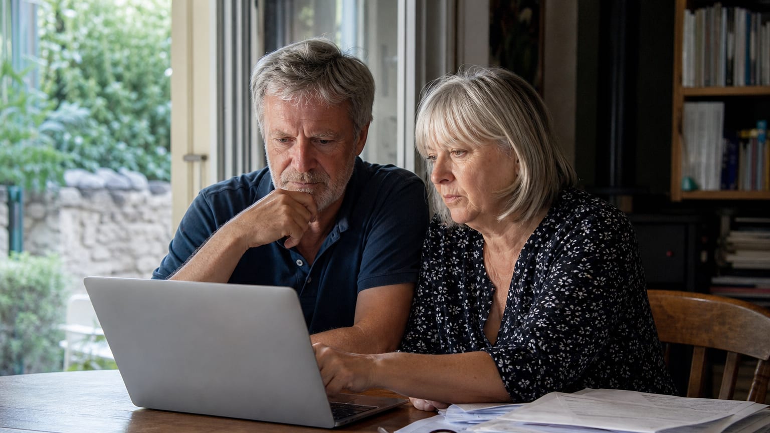 Un couple de propriétaires consulte son avis de taxe foncière sur un ordinateur portable, dans le salon de leur maison