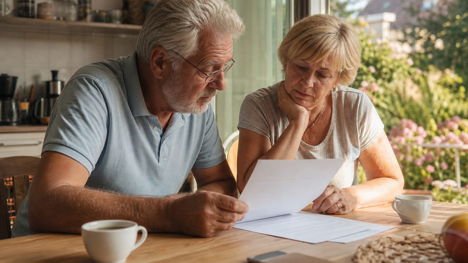 Un couple de propriétaires lit son avis de taxe foncière à la table de la cuisine, devant une fenêtre ouverte sur un jardin