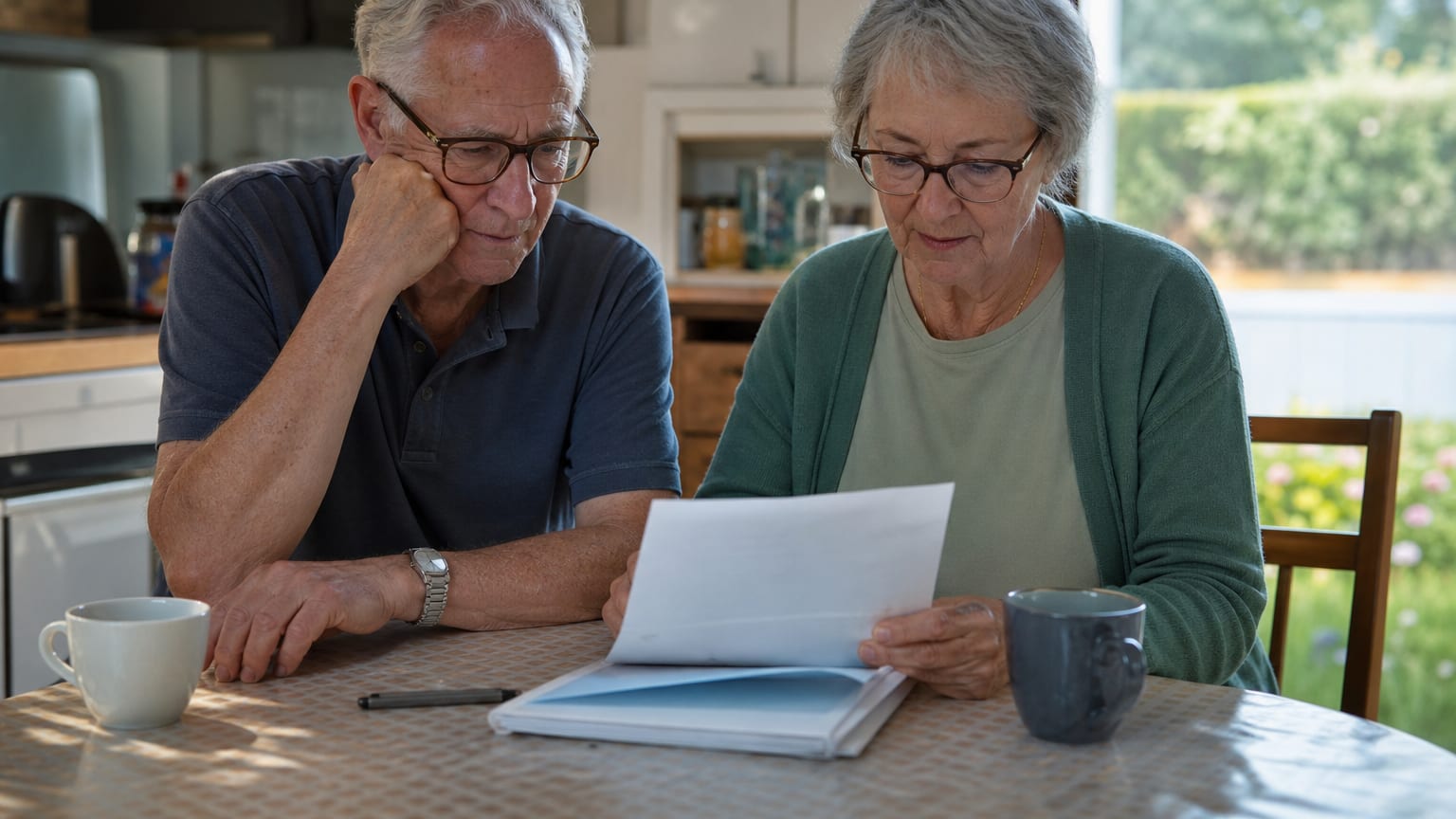 Un couple de retraités lit son avis de taxe foncière à la table de la cuisine