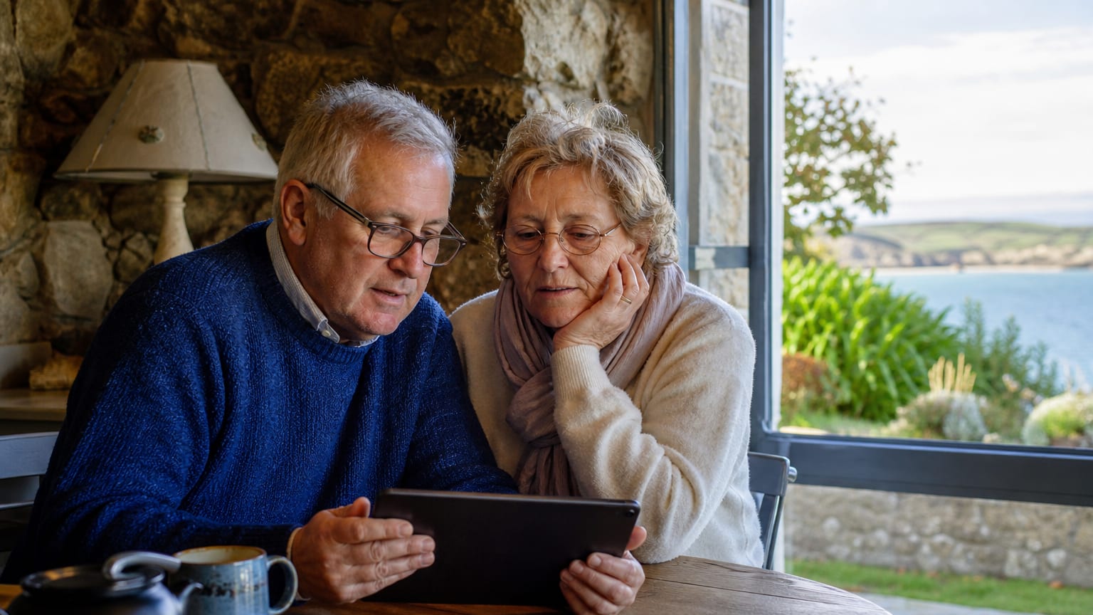 Un couple de retraités consulte un avis d’impôt sur une tablette, dans le salon d’une maison de vacances en bord de mer