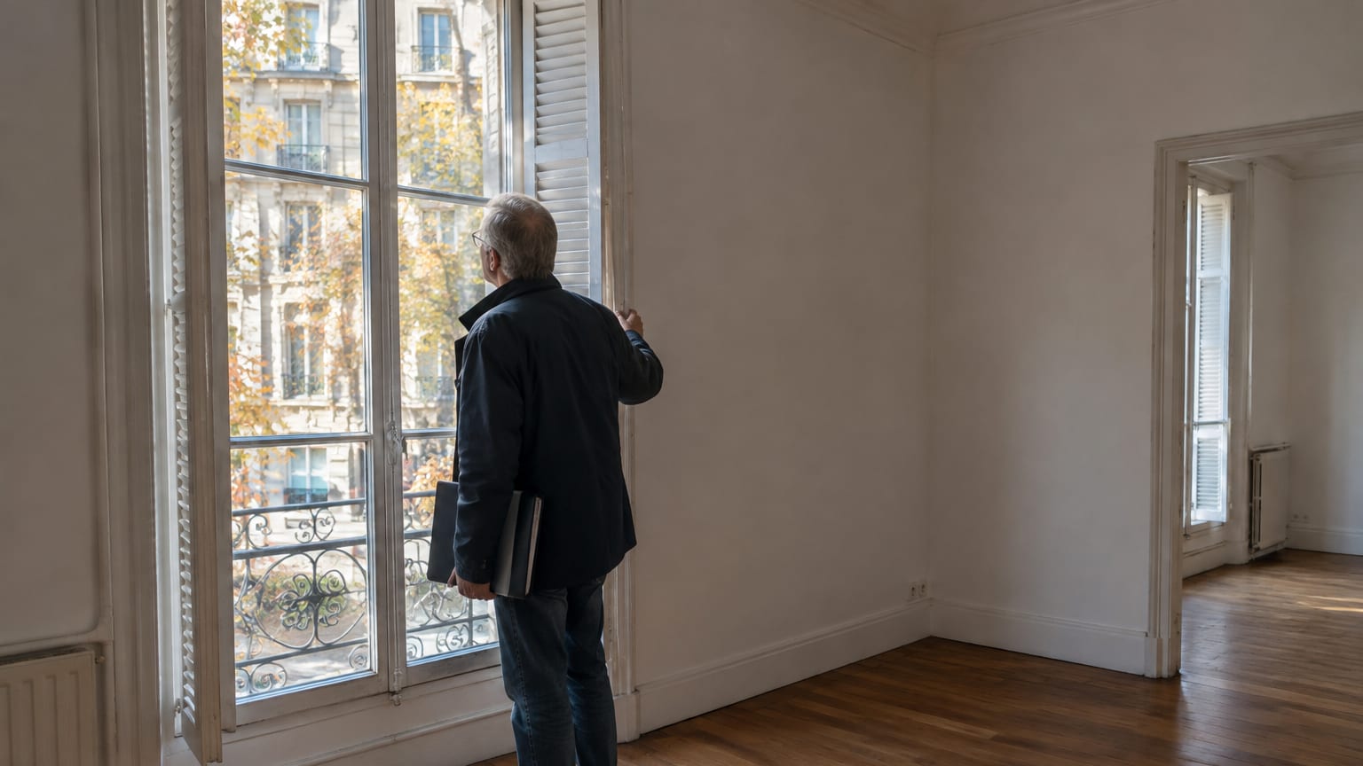 Un propriétaire ouvre les volets d’un appartement vide avant de le mettre en location