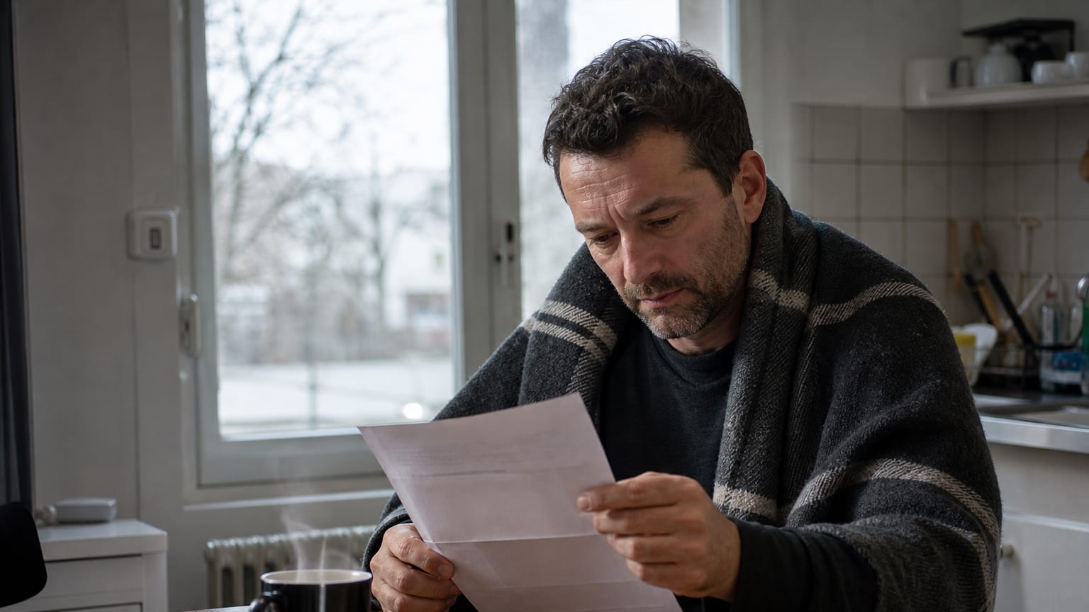 Un homme lit un courrier de son fournisseur d’énergie à la table de sa cuisine, un plaid sur les épaules