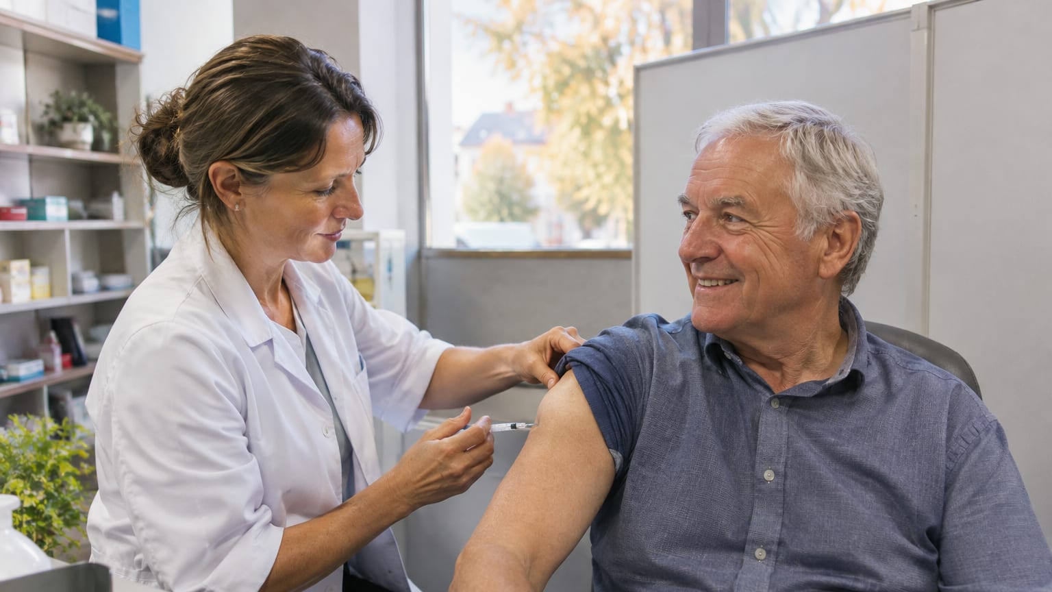 Une pharmacienne s’apprête à vacciner un homme âgé assis dans l’espace de soins d’une pharmacie
